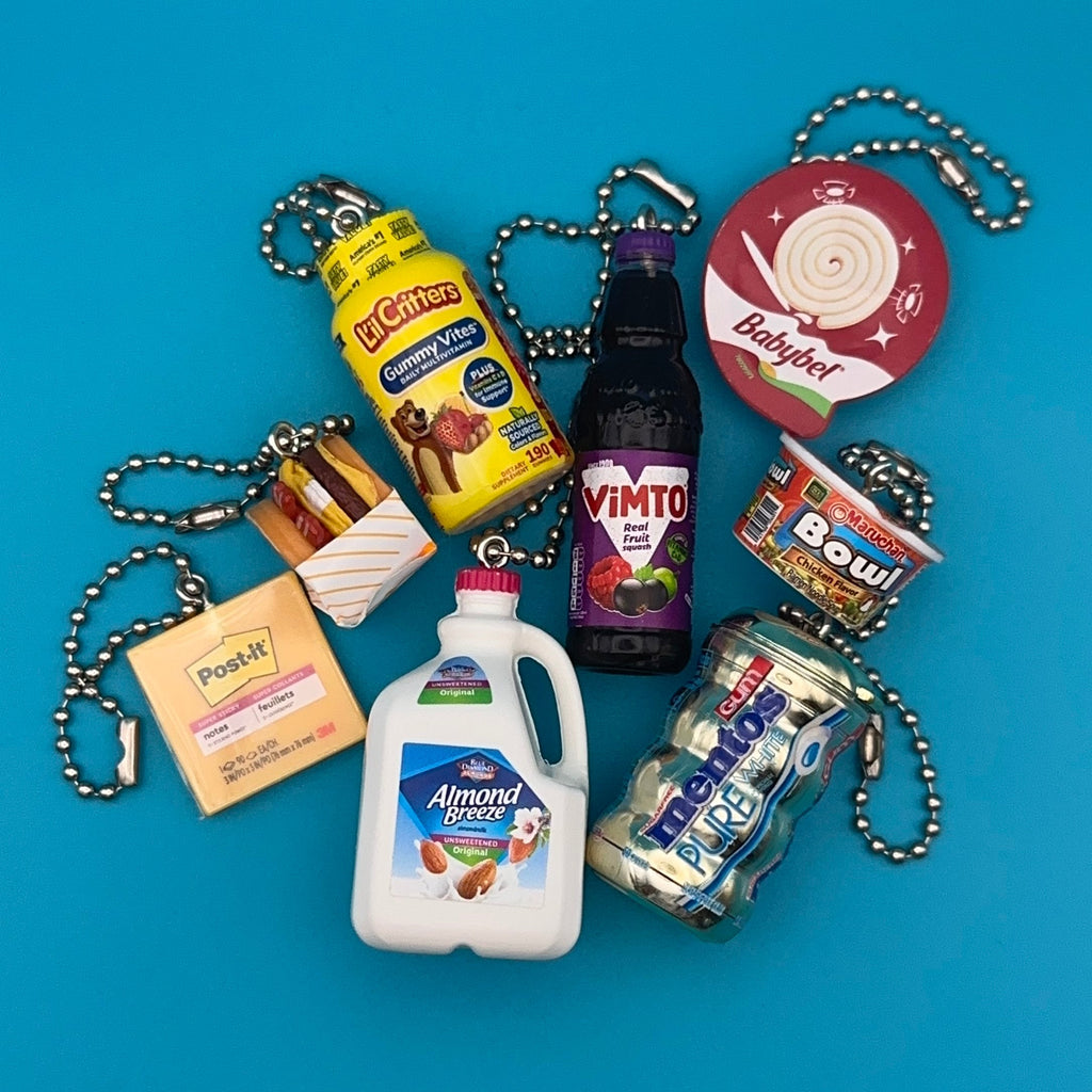 Assorted Mini Food & Grocery Bag Charms: Vitamins, Ramen Noodles, Breakfast Sandwich