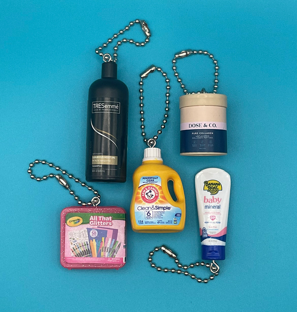 Assorted Mini Food & Grocery Bag Charms: Shampoo, Detergent, Sunblock