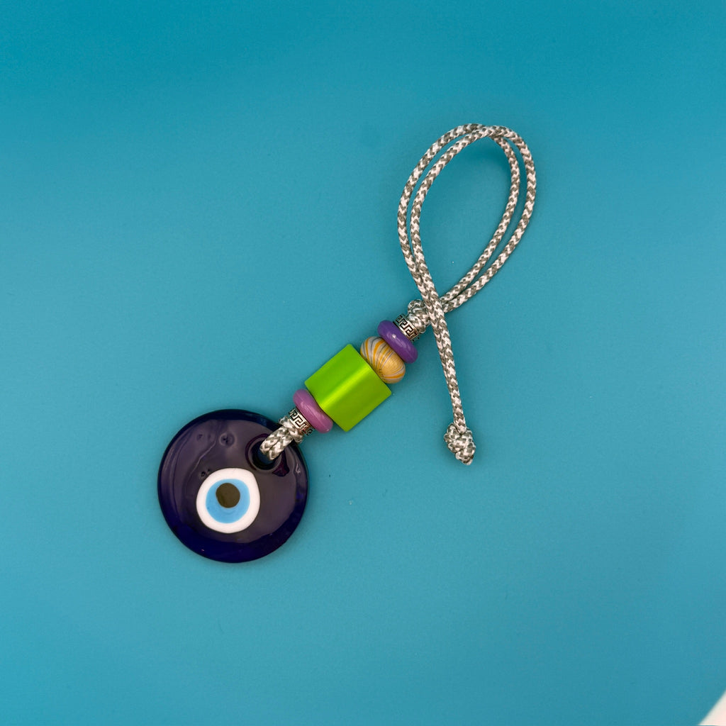 Grey Cord Glass Beaded Evil Eye Bag Charm