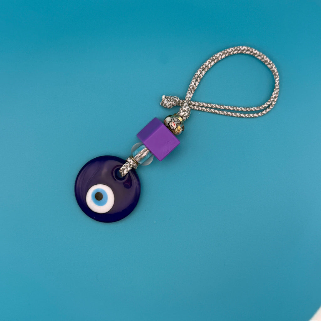 Grey Cord Glass Beaded Evil Eye Bag Charm