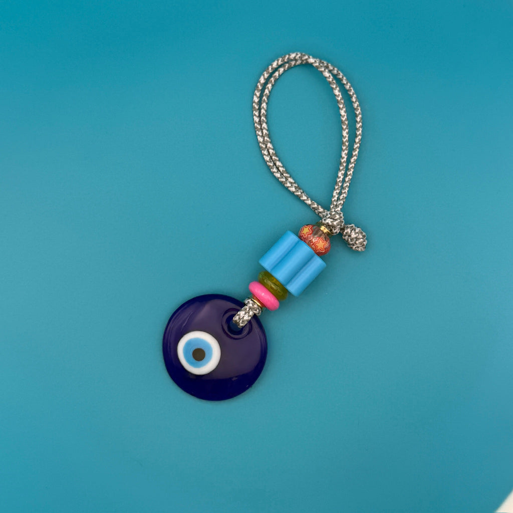 Grey Cord Glass Beaded Evil Eye Bag Charm