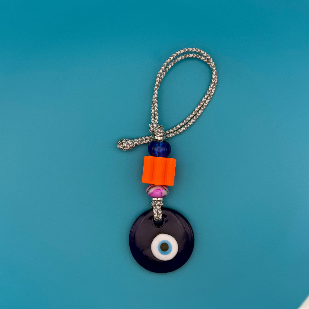 Grey Cord Glass Beaded Evil Eye Bag Charm