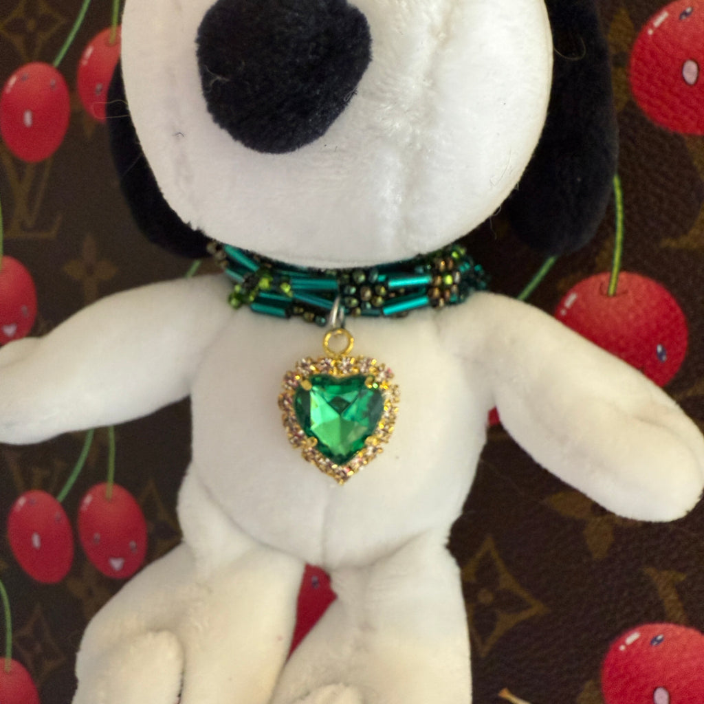 Snoopy Plushie Bag Charm with Green Heart Charm Necklace: Silver Hardware