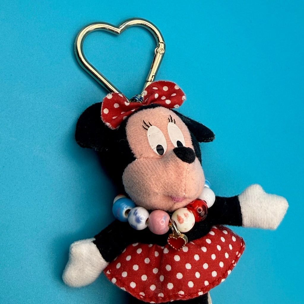 Vintage Minnie Mouse Plush Bag Charm with Beaded Charm Necklace