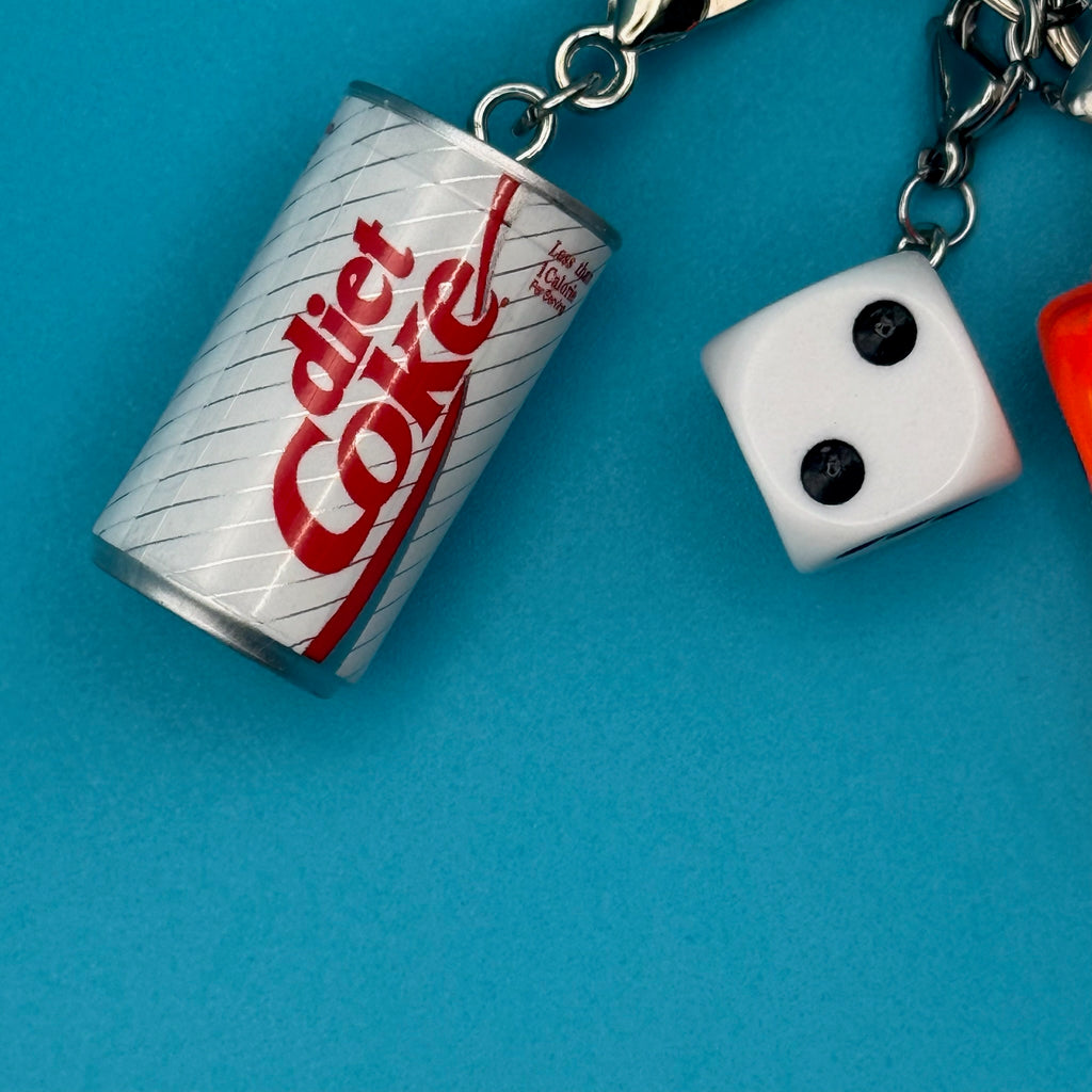 Mini Diet Coke + Neon Race Car Trinket Bag Charm Set