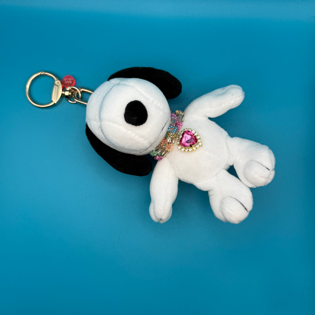Snoopy Plushie Bag Charm with Pink Heart Charm Necklace: Gold Hardware