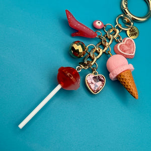 ONE-OF-ONE GOLD TRINKET BAG CHARM CHAIN- PINK HEARTS - vintage bag charm chains silver nostalgia vintage y2k vintage keychain vintage charms for bag nostalgia vintage keychains y2k collectible - Bag Crap