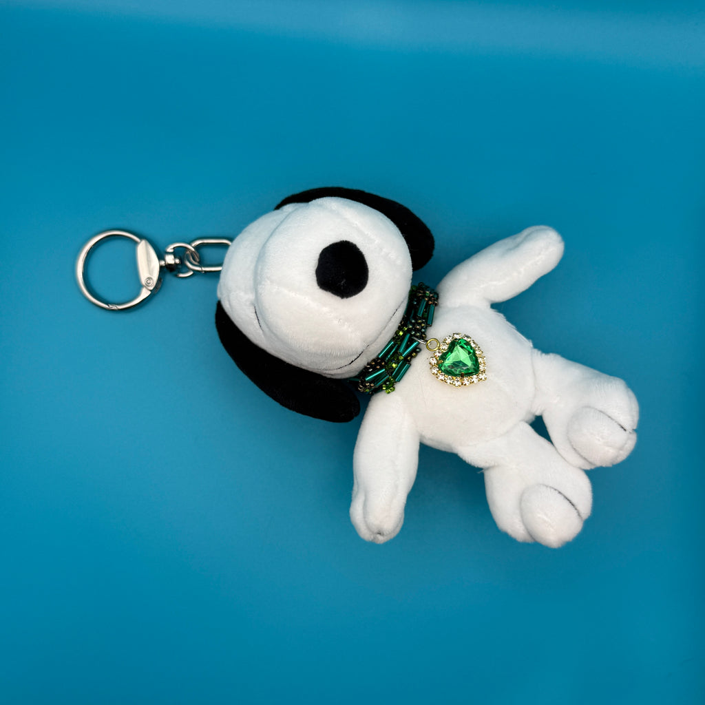 Snoopy Plushie Bag Charm with Green Heart Charm Necklace: Silver Hardware
