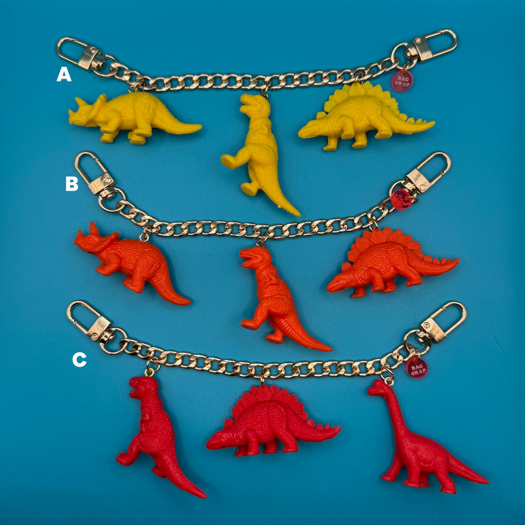 Red, Orange, and Yellow Dinosaur Gold Bag Charm Chains: You Pick