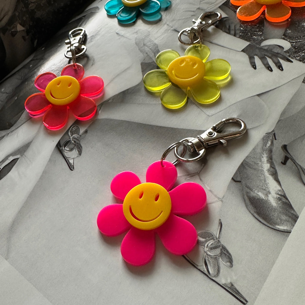 Retro Neon Smiley Face Flower Clip Bag Charms