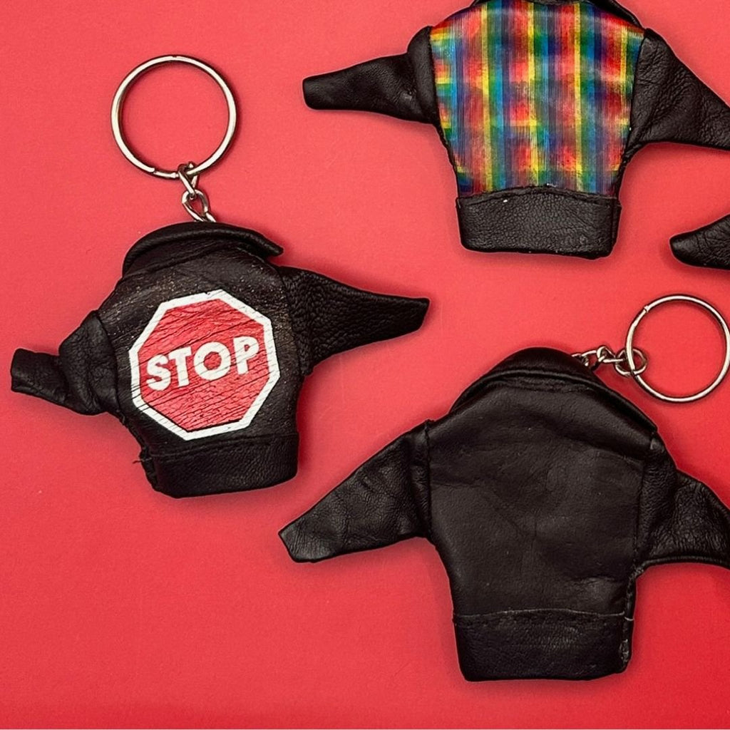 Vintage Graphic Print Leather Jacket Keychains