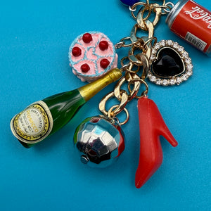 4.5' GOLD BAG CHARM CHAIN- CHAMPS & CAKE - vintage bag charm chains silver nostalgia vintage y2k vintage keychain vintage charms for bag nostalgia vintage keychains y2k collectible - Bag Crap