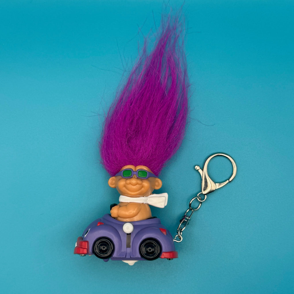 VTG Wind-Up Troll Doll Bag Charm: Magenta Hair, Silver