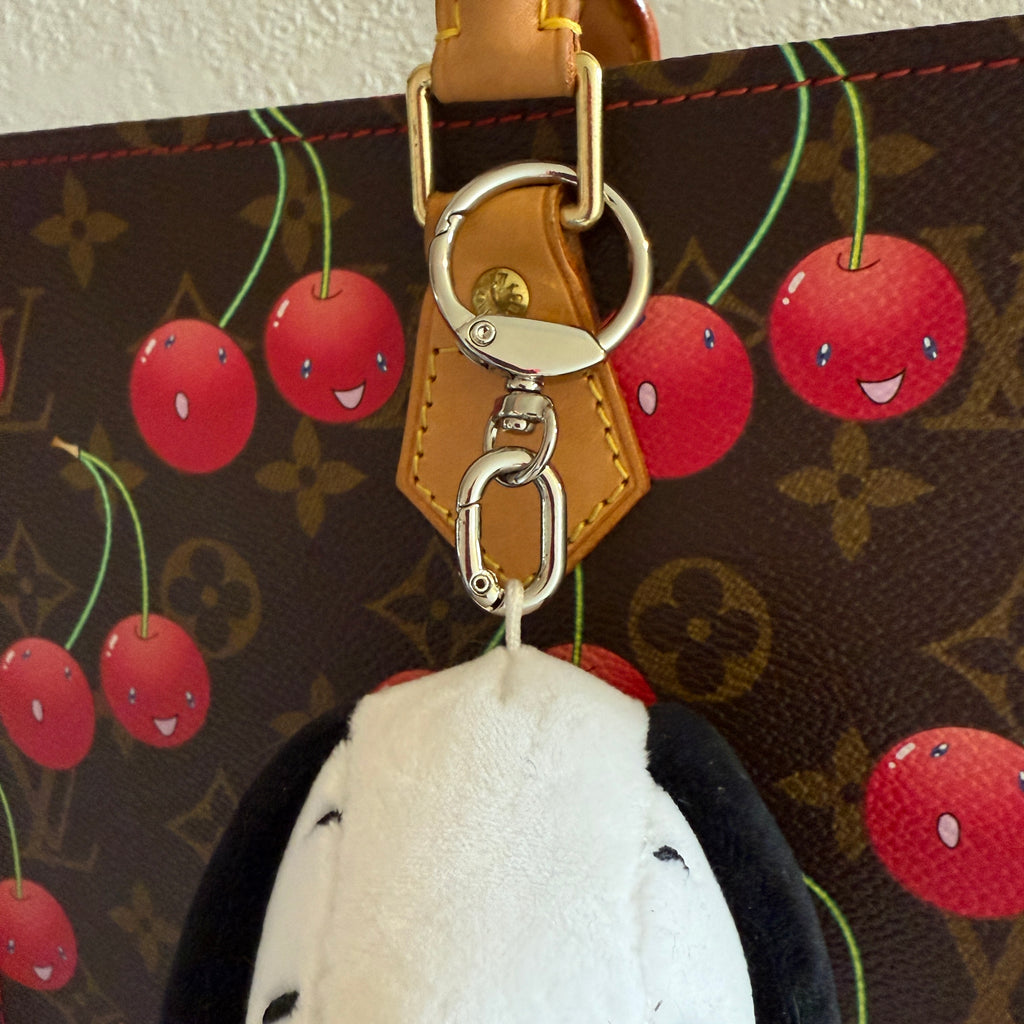 Snoopy Plushie Bag Charm with Green Heart Charm Necklace: Silver Hardware