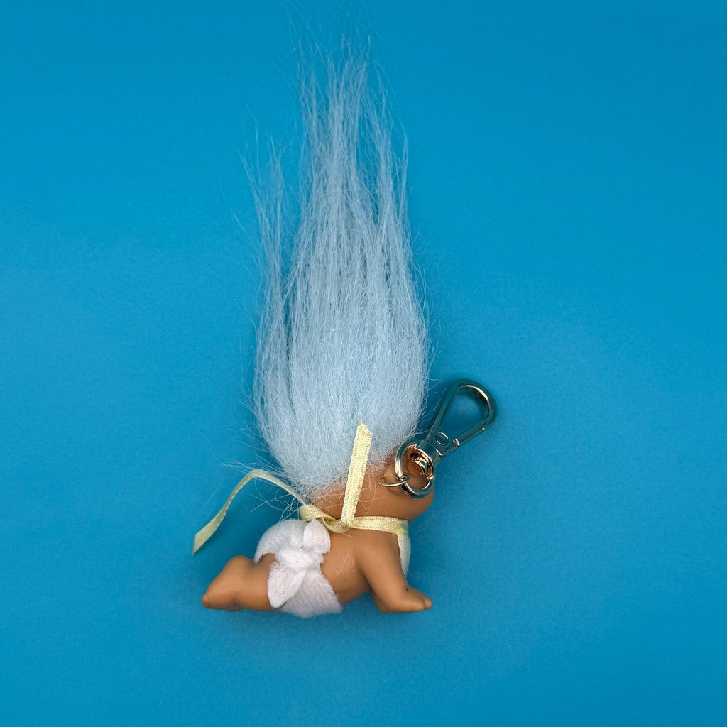 Vintage Troll Doll Bag Charm: White Hair Baby Troll With Gold Hardware