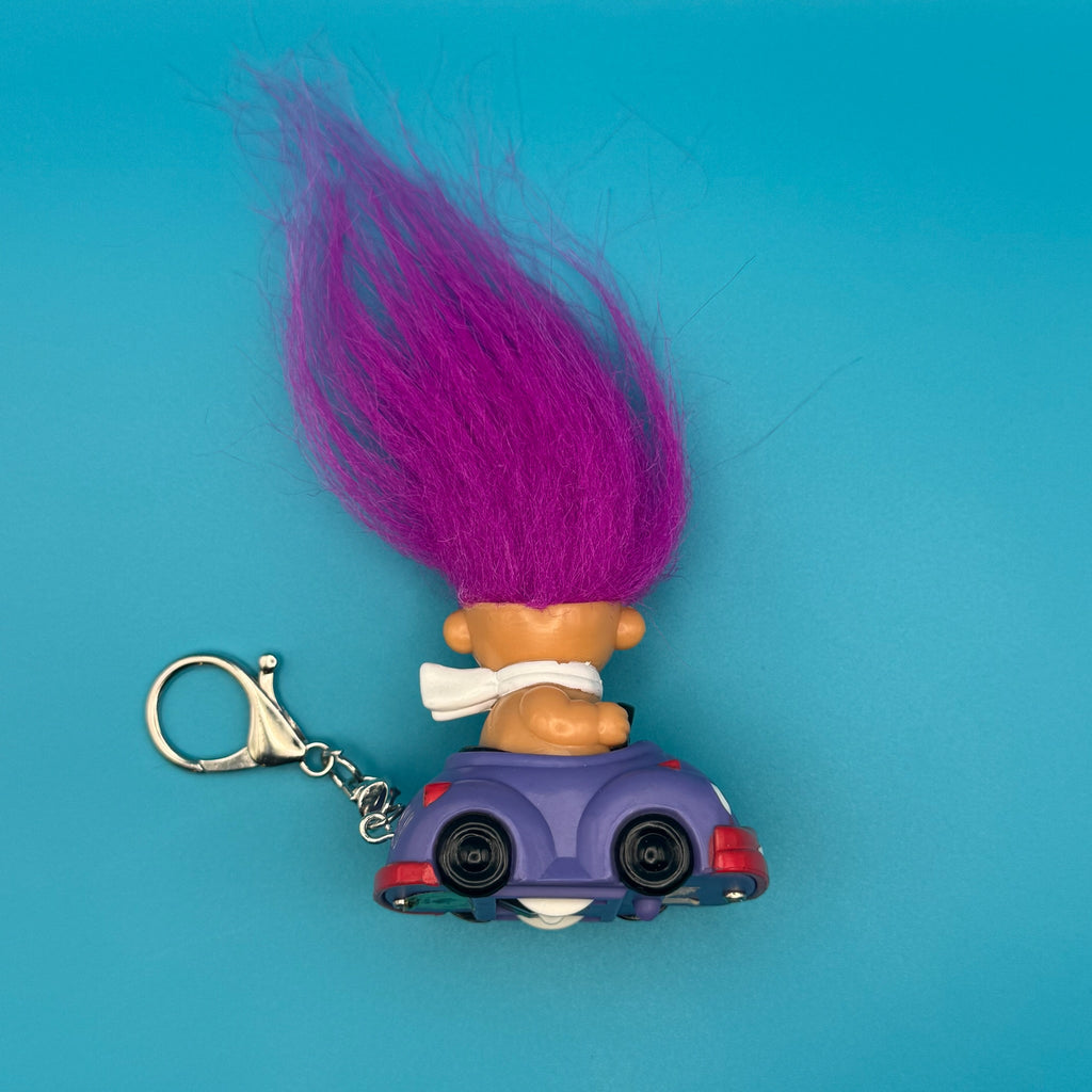 VTG Wind-Up Troll Doll Bag Charm: Magenta Hair, Silver