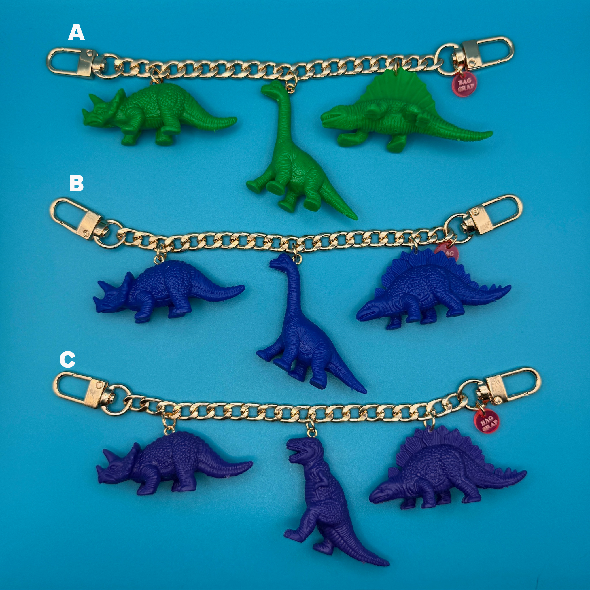 Green, Blue, and Purple Dinosaur  Gold  Chains: You Pick - vintage bag charm chains silver nostalgia vintage y2k vintage keychain vintage charms for bag nostalgia vintage keychains y2k collectible - Bag Crap