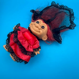 4'  Troll Doll  : Red Hair and Red Lacey Dress Troll -  vintage keychain vintage charms for bag nostalgia vintage keychains y2k collectible - Bag Crap