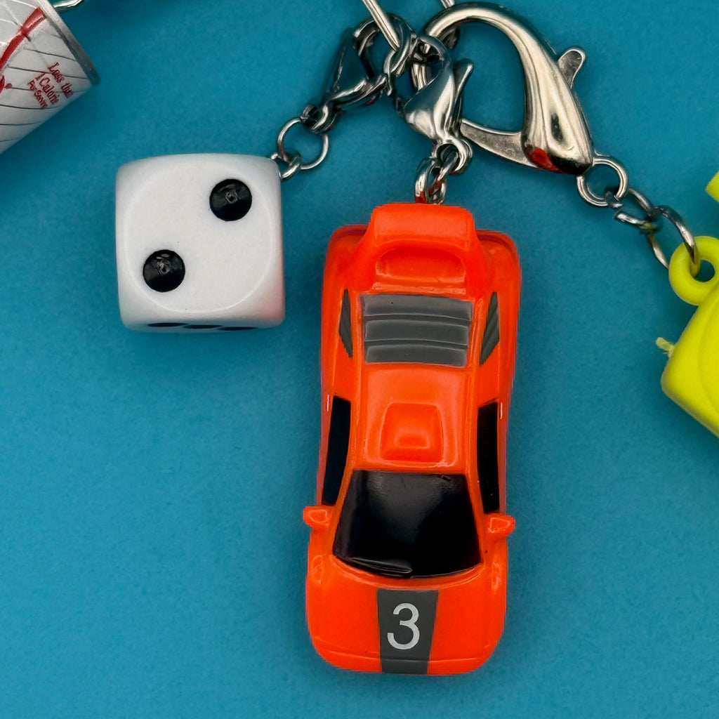 Mini Diet Coke + Neon Race Car Trinket Bag Charm Set