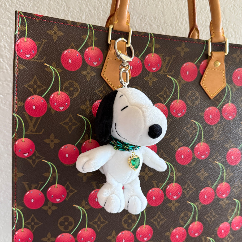 Snoopy Plushie Bag Charm with Green Heart Charm Necklace: Silver Hardware