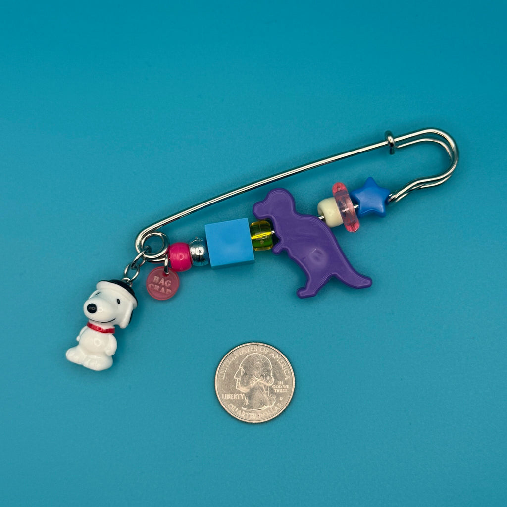 Beaded Snoopy + Dinosaur Safety Pin Bag Charm