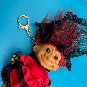 4'  Troll Doll  : Red Hair and Red Lacey Dress Troll -  vintage keychain vintage charms for bag nostalgia vintage keychains y2k collectible - Bag Crap