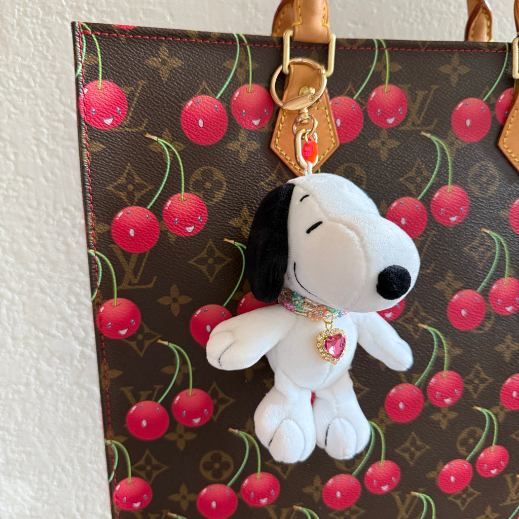 Snoopy Plushie Bag Charm with Pink Heart Charm Necklace: Gold Hardware