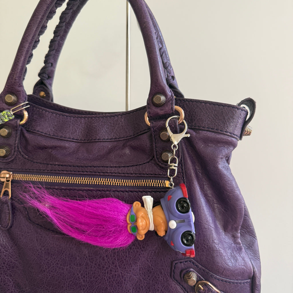 VTG Wind-Up Troll Doll Bag Charm: Magenta Hair, Silver