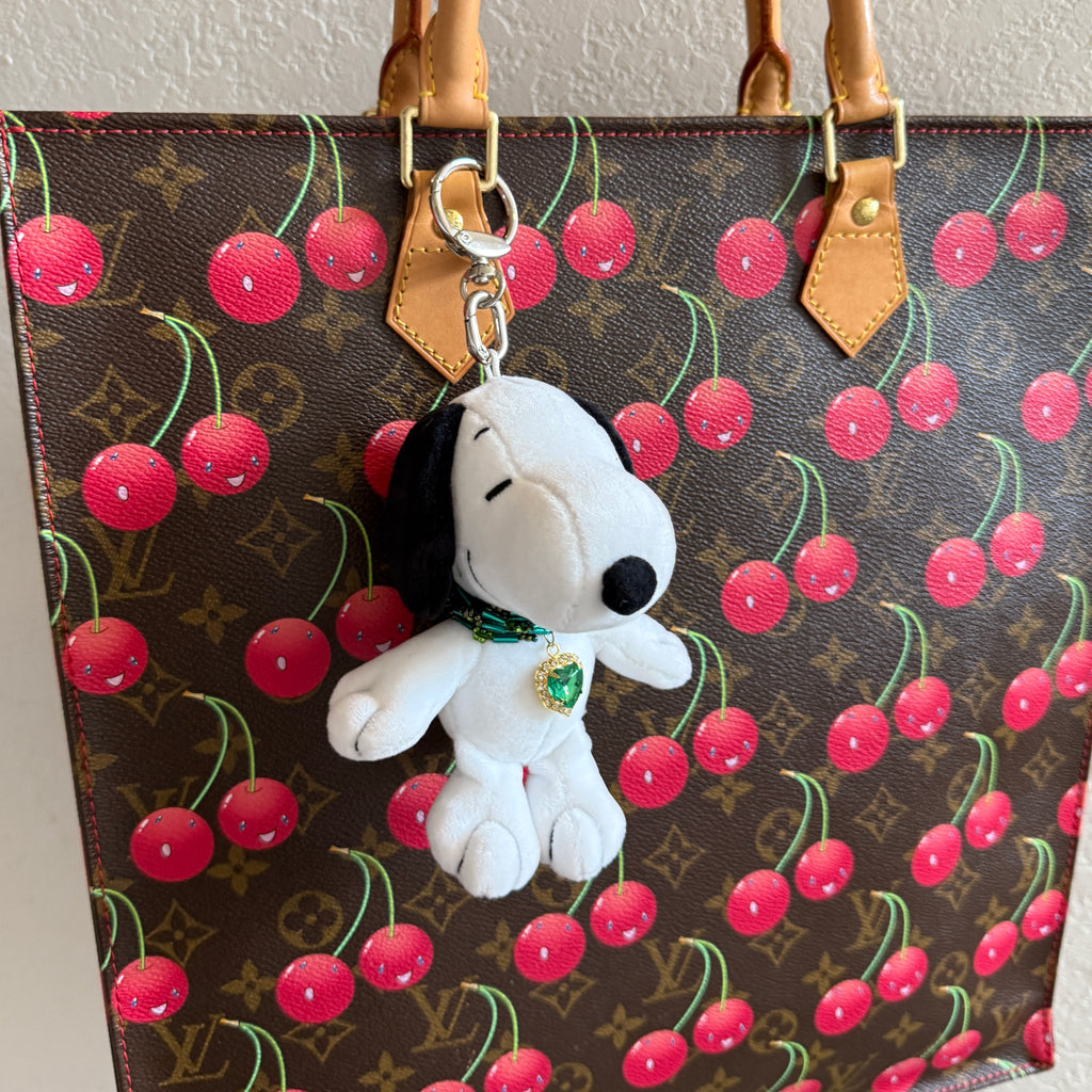 Snoopy Plushie Bag Charm with Green Heart Charm Necklace: Silver Hardware