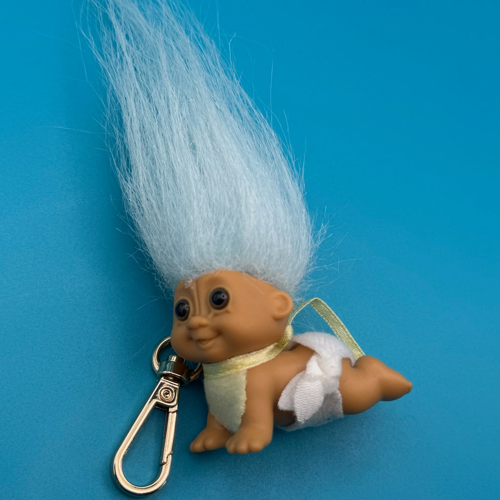 Vintage Troll Doll Bag Charm: White Hair Baby Troll With Gold Hardware