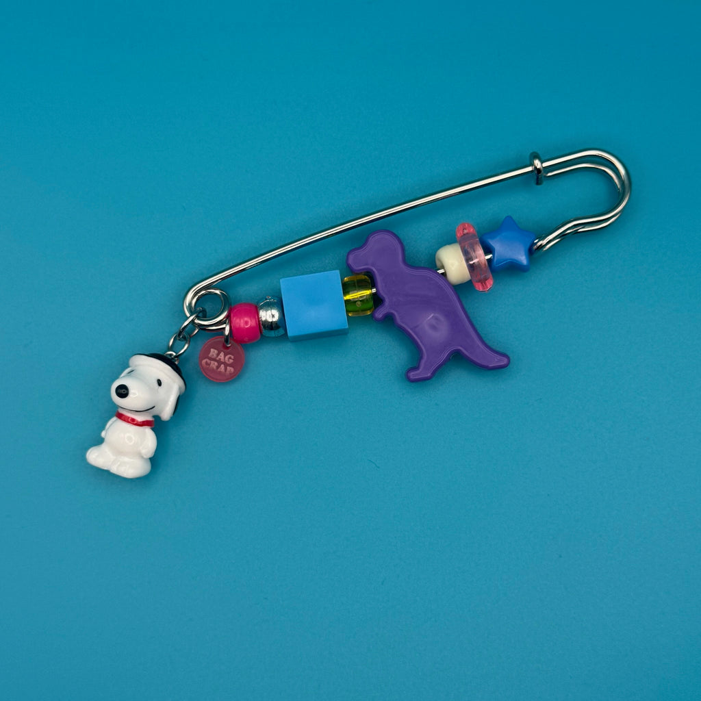 Beaded Snoopy + Dinosaur Safety Pin Bag Charm