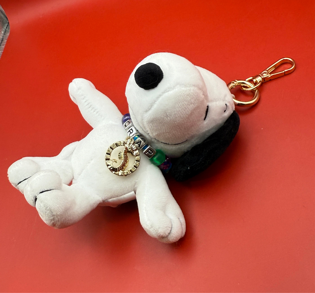 6” Snoopy Plushie Gold Bag Charm with Vintage Trinket Necklace