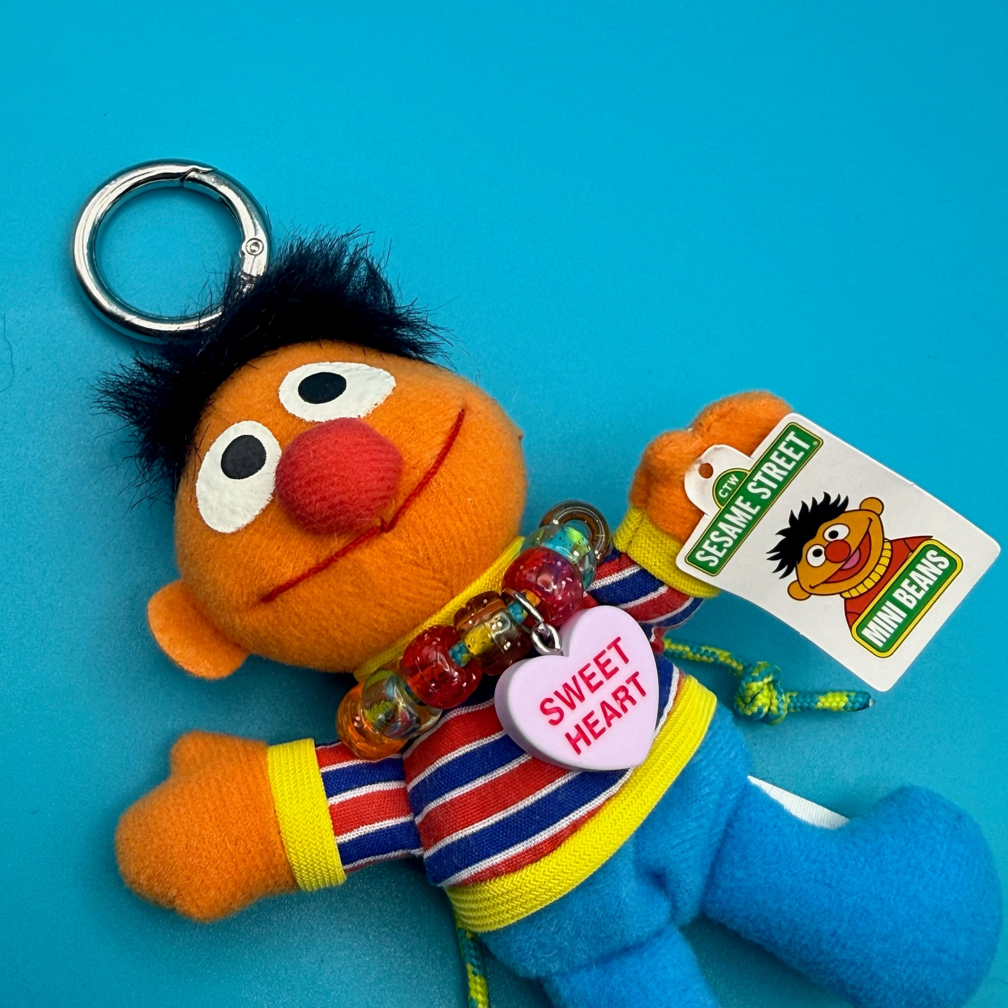 Mini Beans Sesame Street Ernie Plush   with 'Sweet Heart'  Necklace -  vintage keychain vintage charms for bag nostalgia vintage keychains y2k collectible - Bag Crap