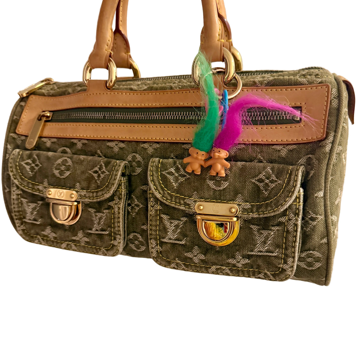 vintage louis vuitton monogram denim speedy bag with vintage mini troll doll bag charms. 