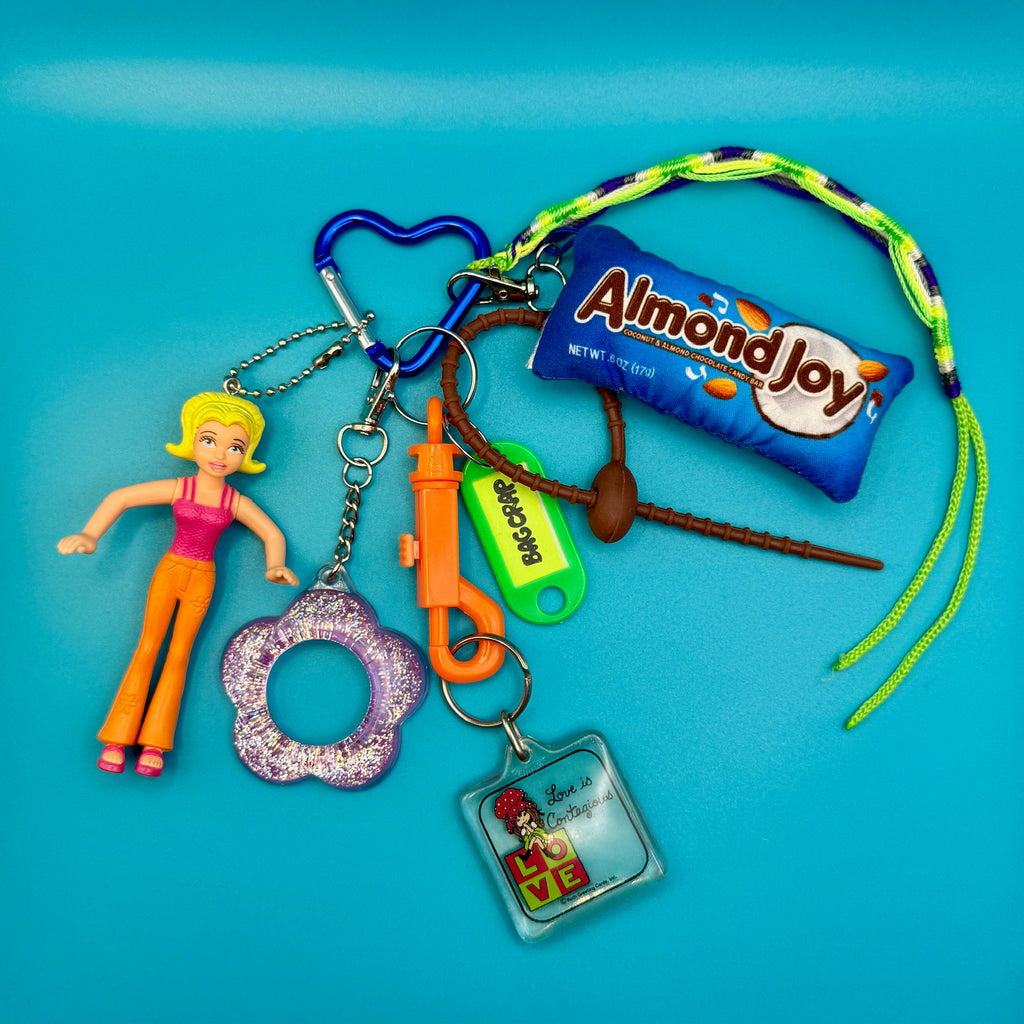 One-of-One Y2K Vintage Keychain Bag Charm Pack — Almond Joy, Polly Pocket, Glitter Flower