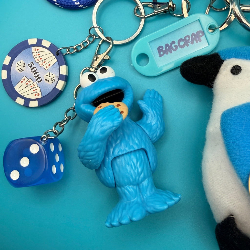 One-of-One Y2K Vintage Keychain Bag Charm Pack — Blue Themed, Cookie Monster, Bluebird