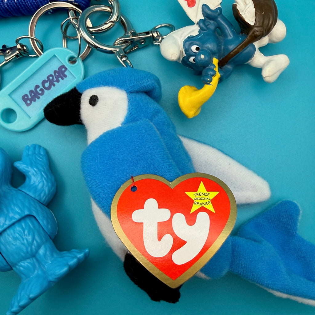 One-of-One Y2K Vintage Keychain Bag Charm Pack — Blue Themed, Cookie Monster, Bluebird