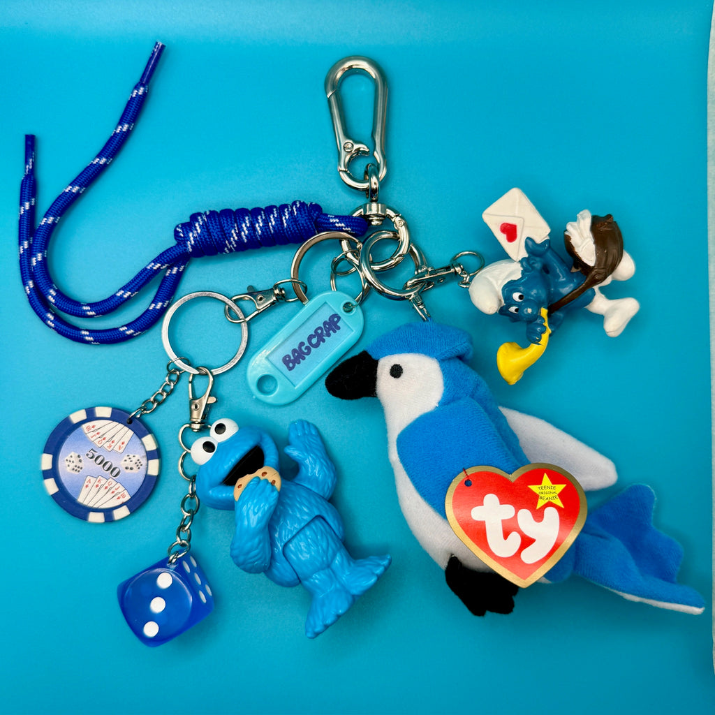 One-of-One Y2K Vintage Keychain Bag Charm Pack — Blue Themed, Cookie Monster, Bluebird