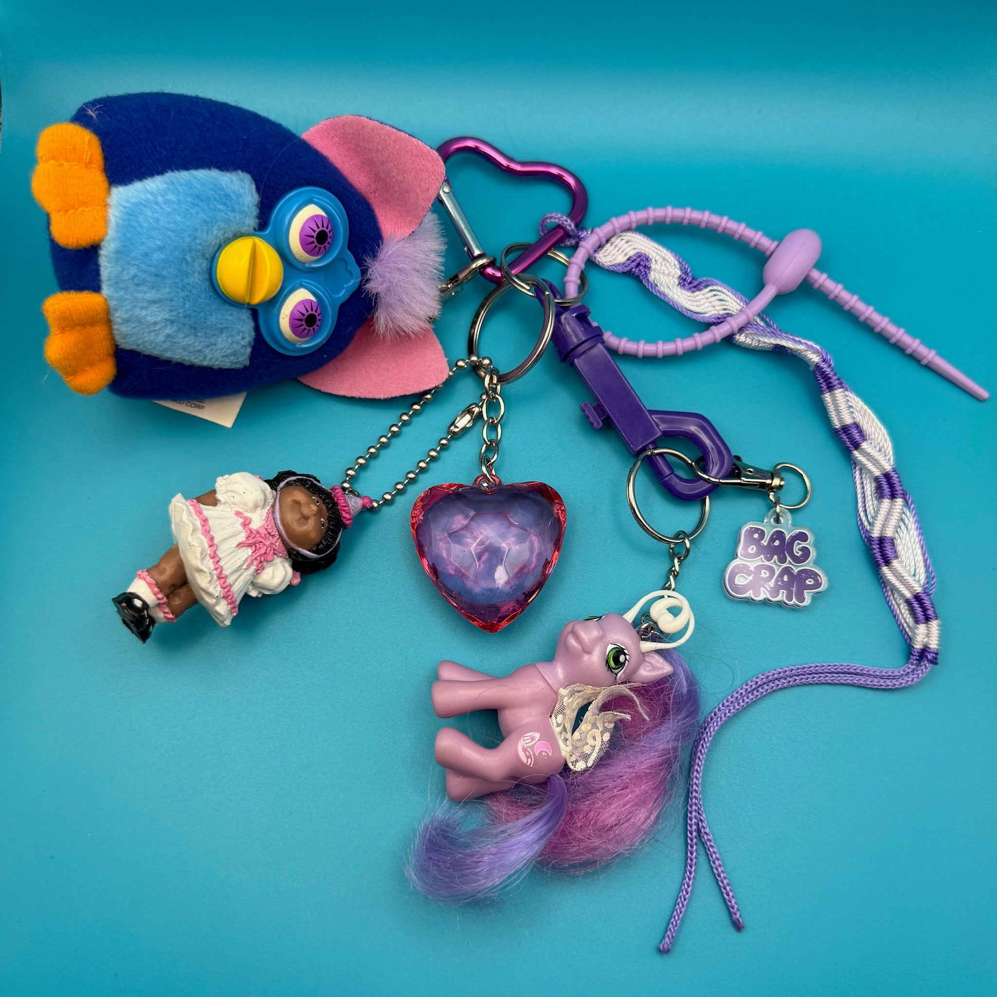 One-of-One 1980's     Pack — Blue Furby, Cabe Patch Doll, My Little Pony -  vintage keychain vintage charms for bag nostalgia vintage keychains y2k collectible - Bag Crap