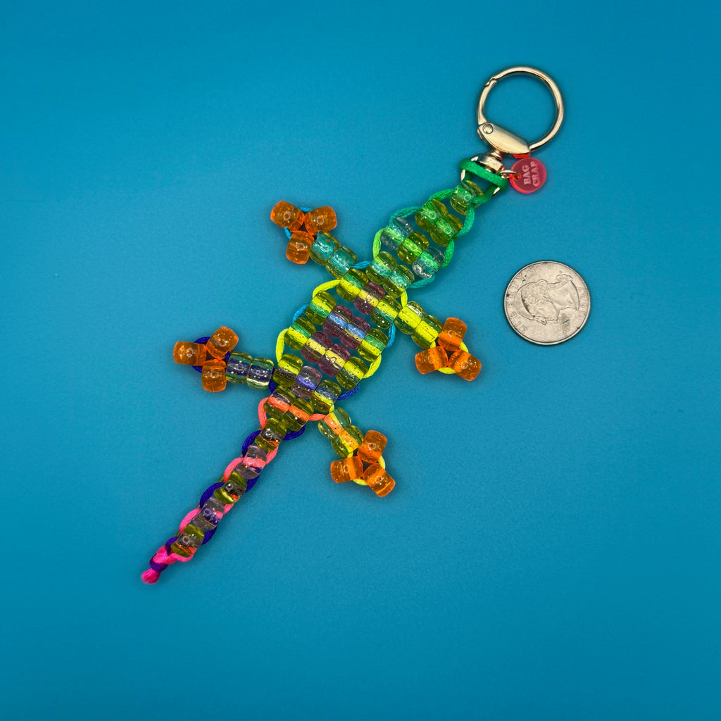 Small Bead Buddy Lizard Bag Charm - Neon Green and Yellow