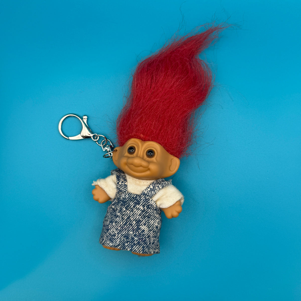 3' Small  Troll Doll  : Red Hair & Acid Wash Denim Dress - troll charms troll keychains vintage keychain vintage charms for bag nostalgia vintage keychains y2k collectible - Bag Crap