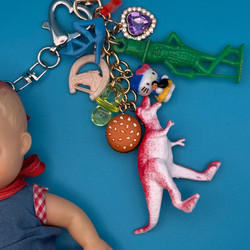 One-of-One 90s Vintage Keychain Bag Charm Pack — Baby Doll, Mr. Peanut, Dinosaur