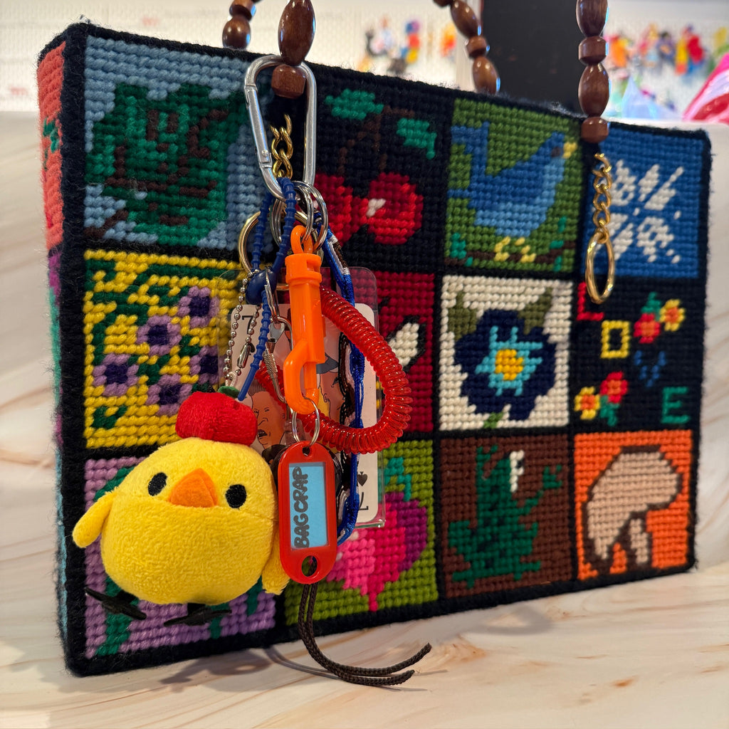 Vintage Yellow Chick Plushie and Beavis and Butthead Playing Card Keychain and Bag Charm Pack