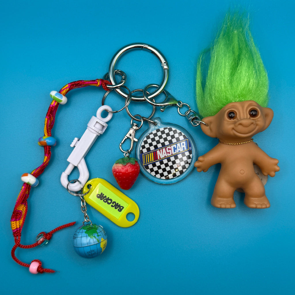 Vintage 80s Green Troll Doll Nascar Bag Charm Pack