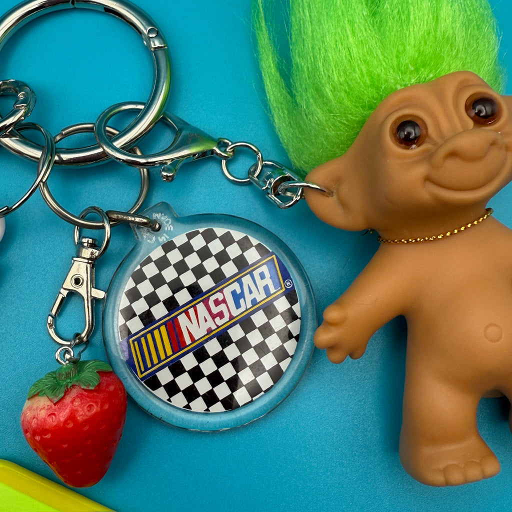 Vintage 80s Green Troll Doll Nascar Bag Charm Pack