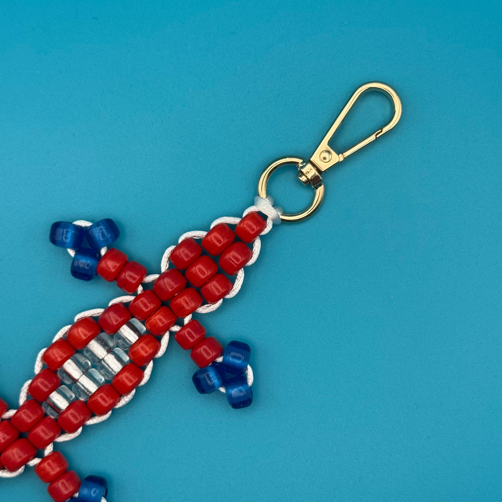 Glass Bead Buddy Red and Blue Lizard Bag Charm