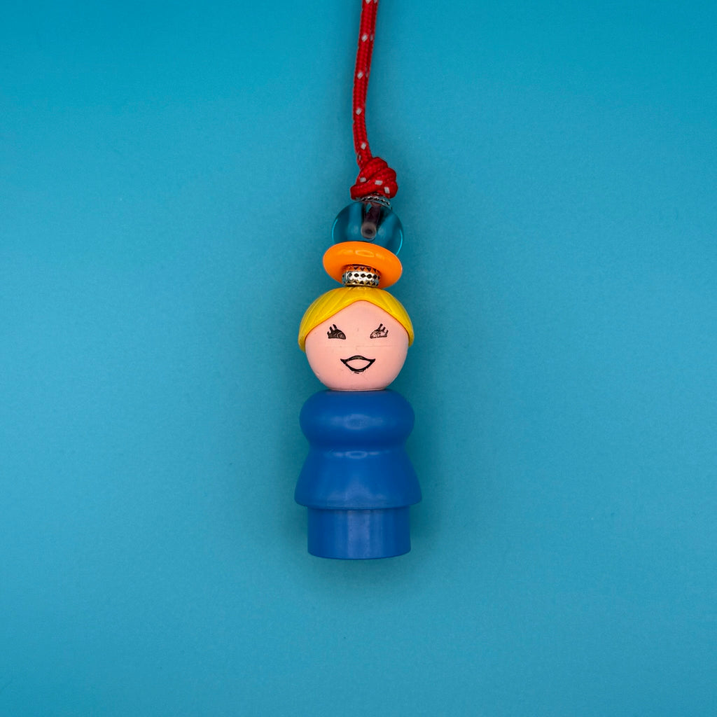 Vintage 1980s Fisher Price Blonde Woman Red Paracord Bag Charm
