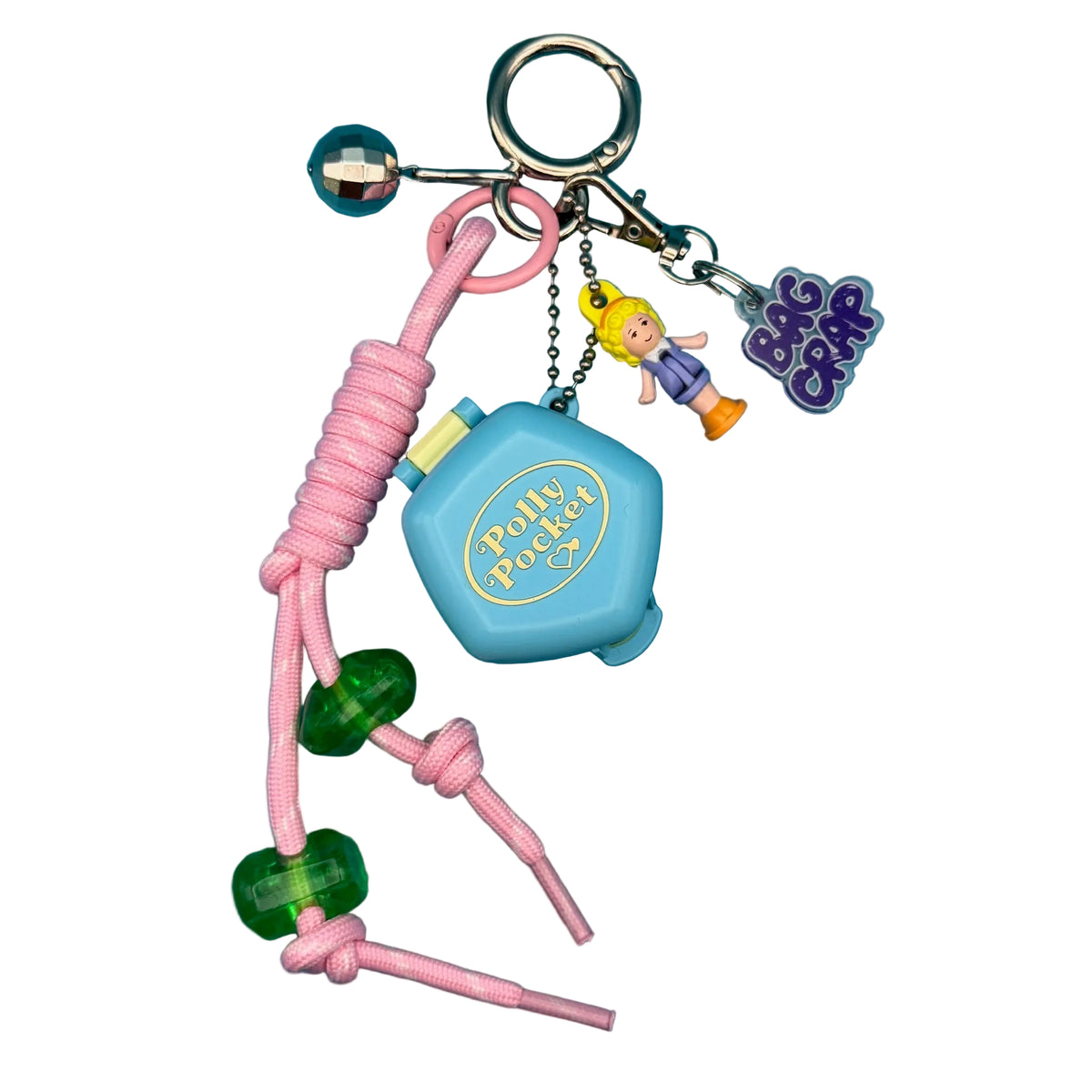 Keychain bag charm with blue Polly Pocket bag charm, pink rope, and green beads crafted by Bag Crap. 
