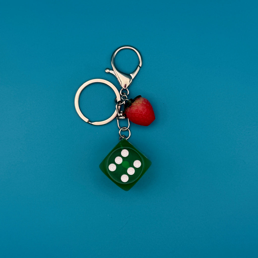 Retro Green Dice & Strawberry Bag Charm