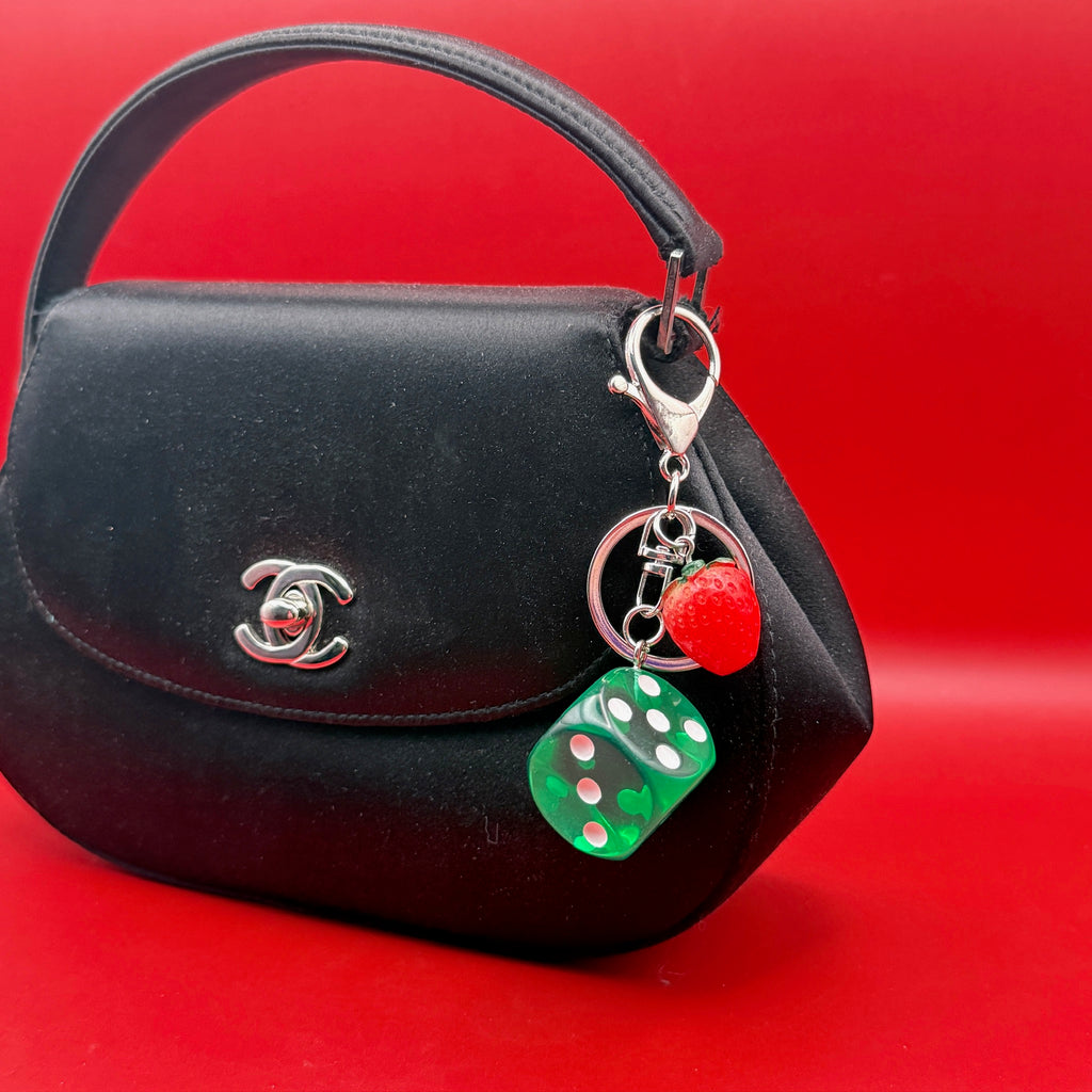 Retro Green Dice & Strawberry Bag Charm